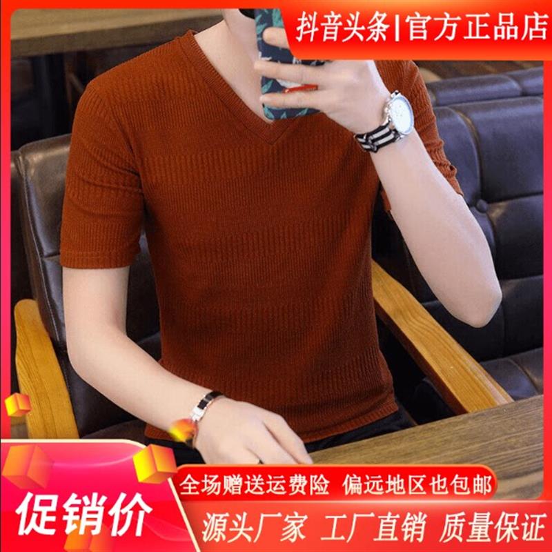 青云衣阁潮流轻奢夏季薄款V领针织衫半袖上衣修身冰丝短袖体恤男