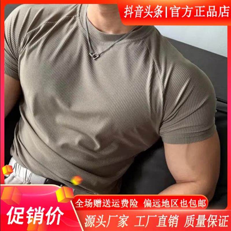 青云衣阁质感坑条夏短袖男冰丝凉感运动跑步训练速干纯色T恤透气