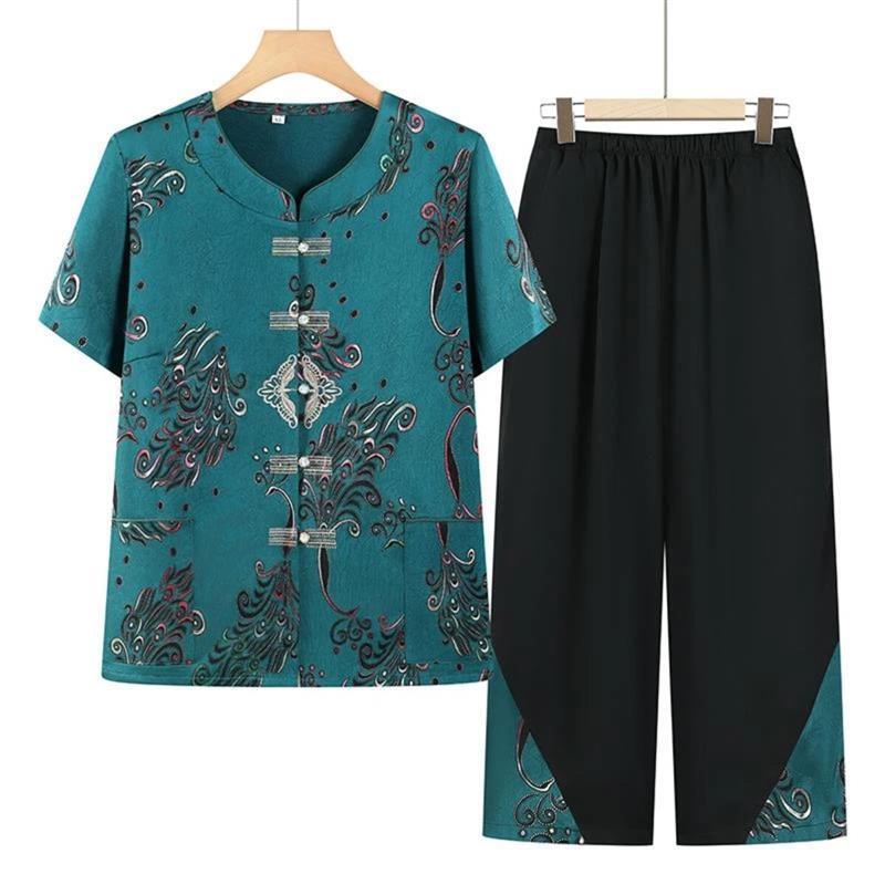 徕登格物2中老年人夏季奶奶装绣花短袖洋气衣服两件套妈妈装女装
