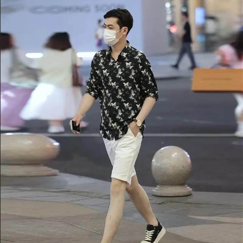 旧港男装夏季f男士蝴蝶印花P中袖衬衫潮流帅气薄款透气百搭短袖衬