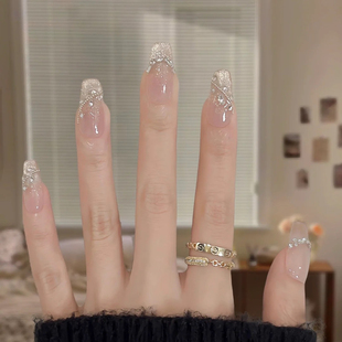纯手工穿戴甲猫眼碎钻爆闪温柔仙气假指甲成品新娘孕妇婚纱照美甲