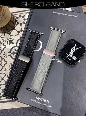 磁吸荔枝纹牛皮女表带适用于苹果手表S8S9iwatch10代applewatch42