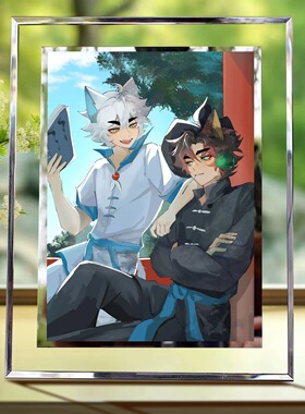 京剧猫白糖拟人水晶玻璃相框摆件