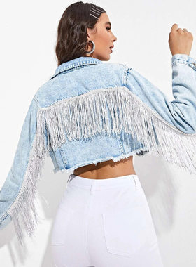 2022欧美新款时尚流苏拼接做旧牛仔外套女 Denim jacket women