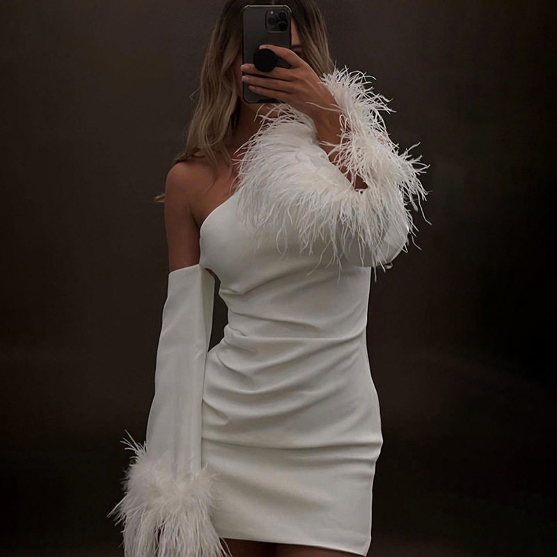 性感拼接喇叭毛毛袖短裙辣妹连衣裙女 sexy dress women