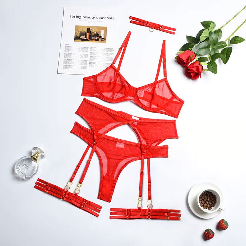 Sexy lingerie mesh sexy lingerie four-piece set带钢圈四件套