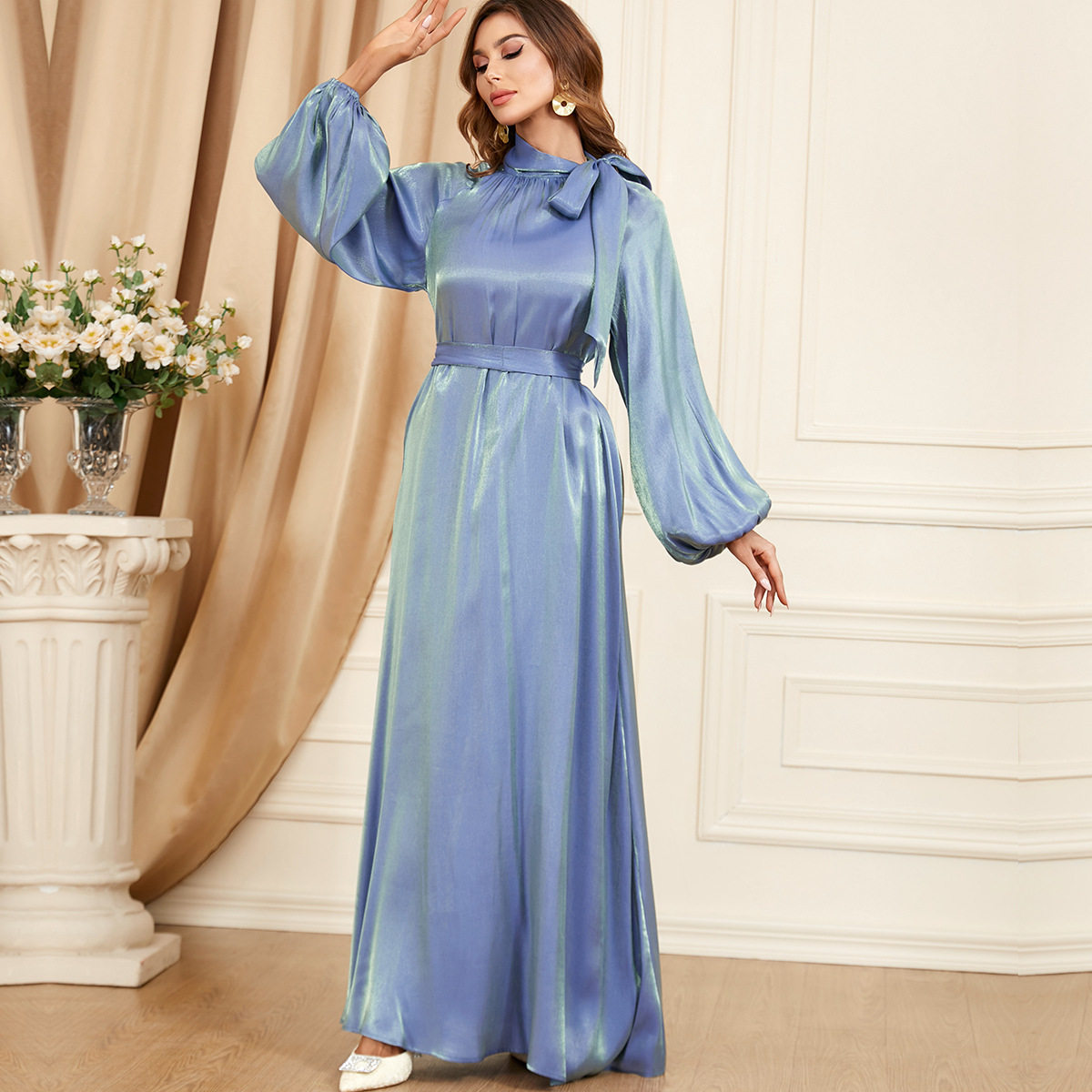中东阿拉伯系带纯色长袖连衣裙东南亚印尼旅游长裙女 long dress