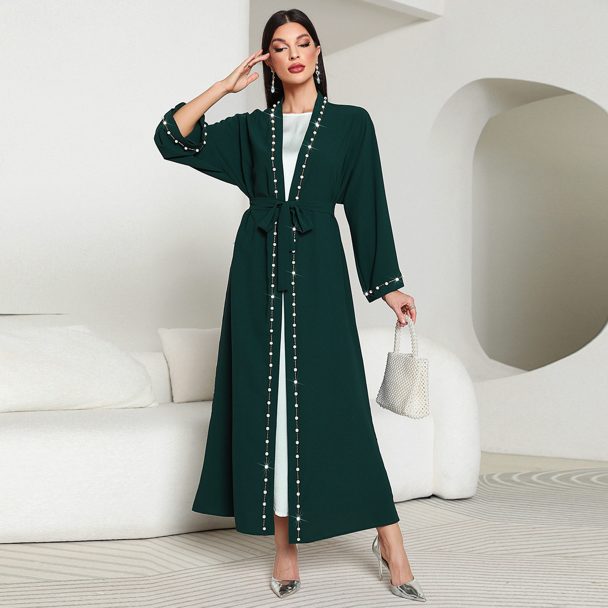 中东阿拉伯服饰墨绿色复古钉珠长款外搭送腰带迪拜旅游长裙 dress