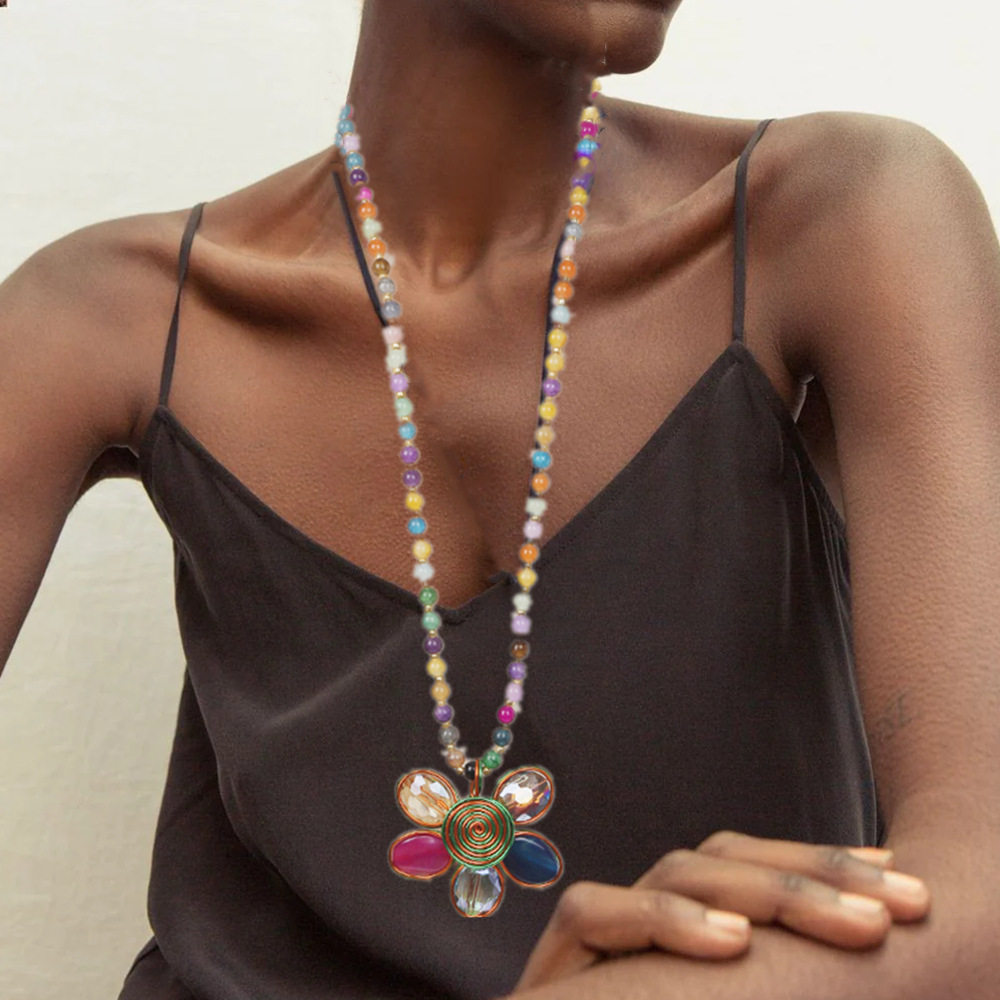 Necklacewomen玻璃珠长款流苏毛衣链花朵吊坠休闲复古项链饰品