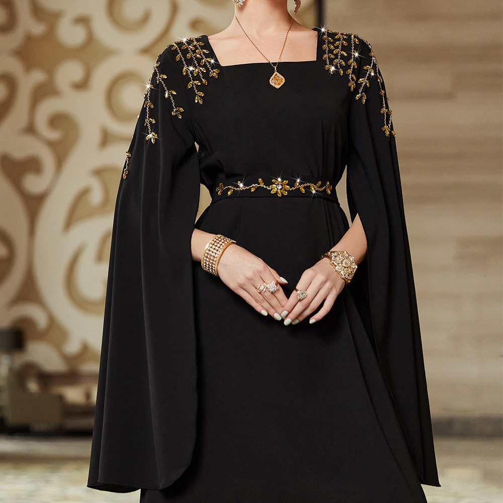 中东阿拉伯超长袖肩部缝钻连衣裙迪拜旅游穿搭长裙女 dress women