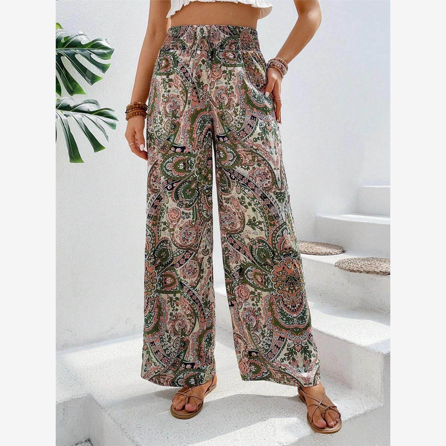 欧美夏百搭印花松紧腰阔腿裤 Versatile printed wide leg pants