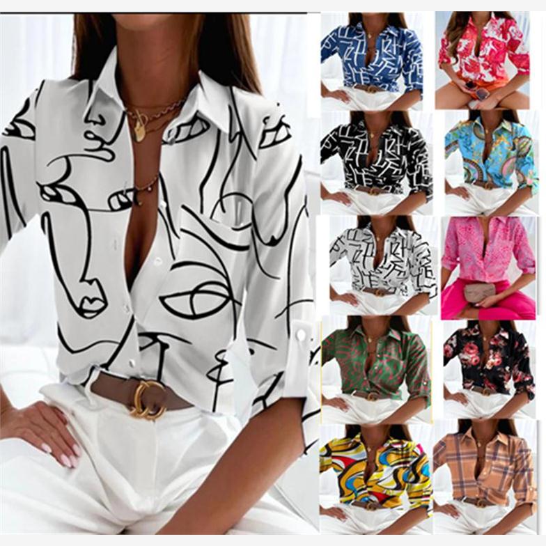 2023欧美女装新款春秋季衬衫小众法式女式时尚翻领印花上衣S-4XL