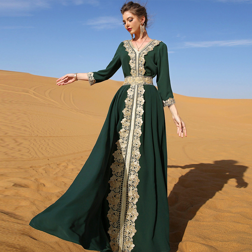 中东东南亚女装墨绿刺绣蕾丝优雅复古旅游度假拍照长裙女 dress