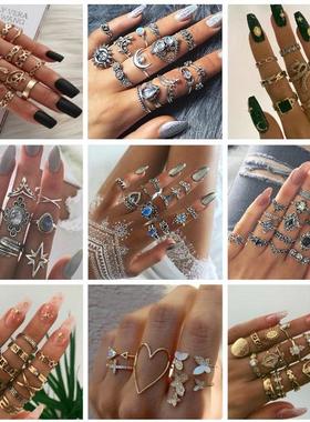 2021 Fashionable women's 11 Piece retro Silver Ring Set