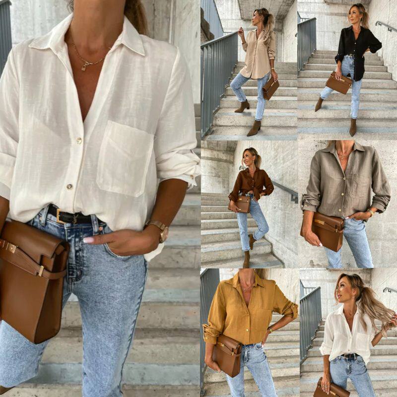 women's autumn solid color V-neck button lapel shirt