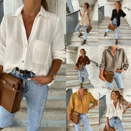 women's autumn solid color V-neck button lapel shirt