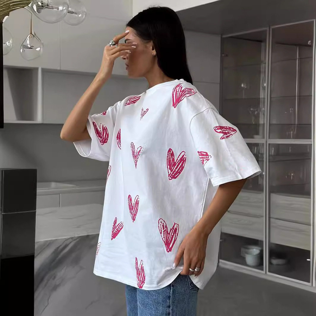 2024欧美夏街头潮流手绘爱心印花短袖T恤 Love printed T-shirt