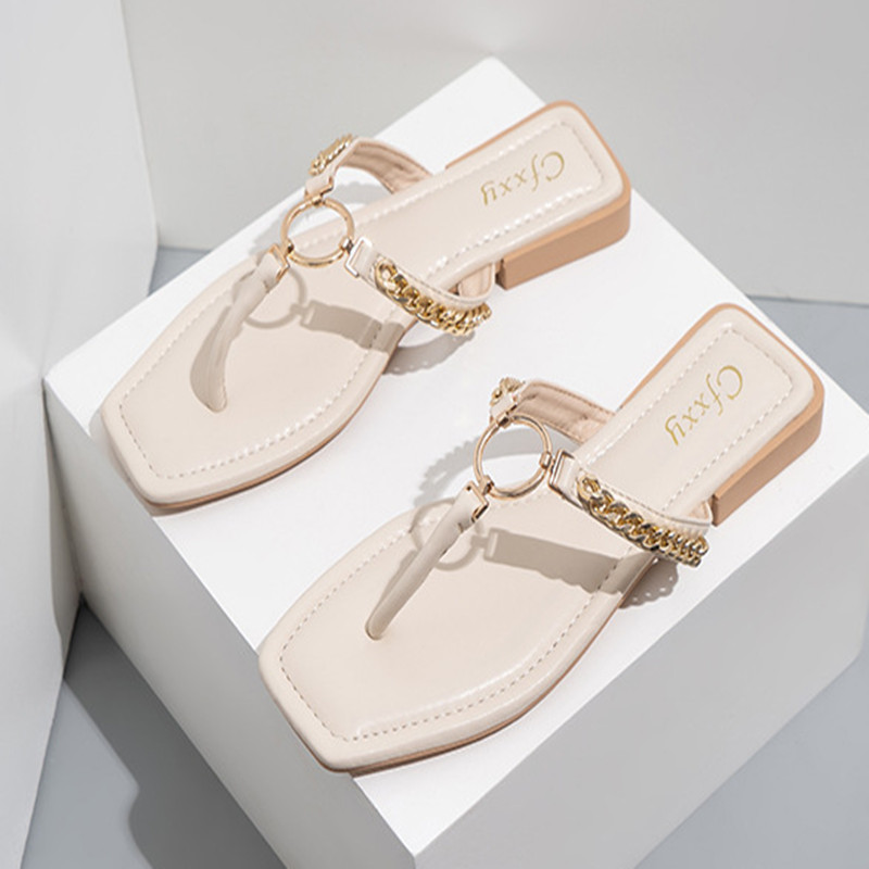 欧美跨境爆款链条圆扣人字凉拖Flat Sandals Slippers For Ladies