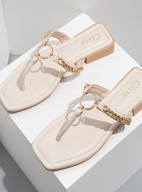 欧美跨境爆款链条圆扣人字凉拖Flat Sandals Slippers For Ladies