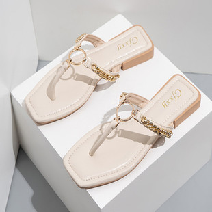 欧美跨境爆款链条圆扣人字凉拖Flat Sandals Slippers For Ladies