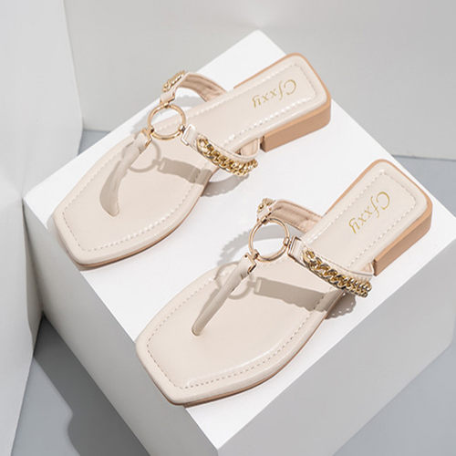 欧美跨境爆款链条圆扣人字凉拖Flat Sandals Slippers For Ladies