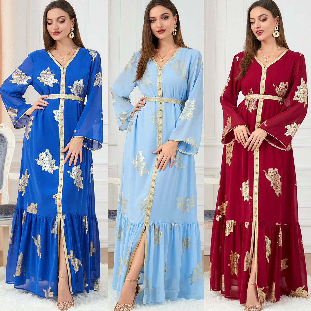 中东阿拉伯迪拜旅游女装时尚女时尚长袖烫金连衣裙 dress women