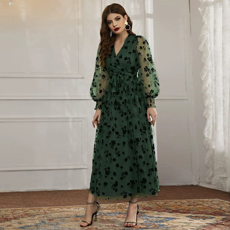 欧美女装时尚休闲v领长袖高腰碎花印花蕾丝连衣裙 dress women