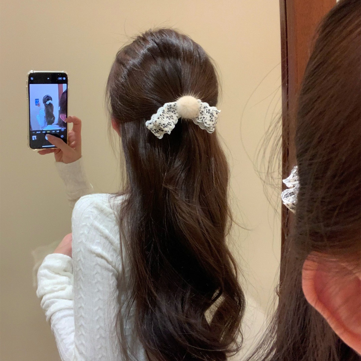 水貂毛小碎花蝴蝶结发夹竖夹韩系复古优雅马尾夹后脑勺一字夹发卡