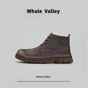 英伦风工装 马丁靴真皮中高帮休闲皮鞋 短靴子 Valley外贸男士 Whale