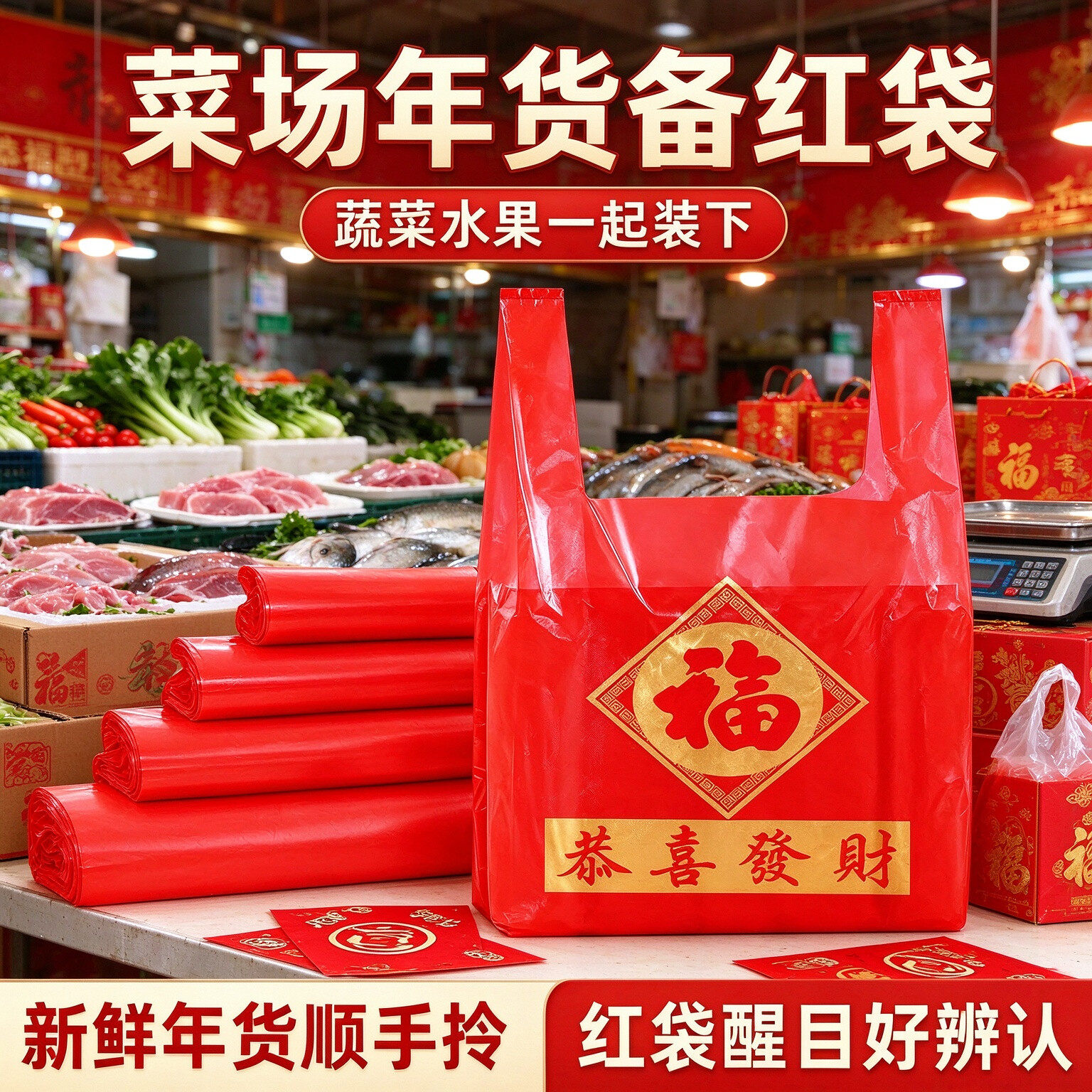 新年烟酒行金福塑料袋春节年货礼品袋加厚红色福字手提背心袋子