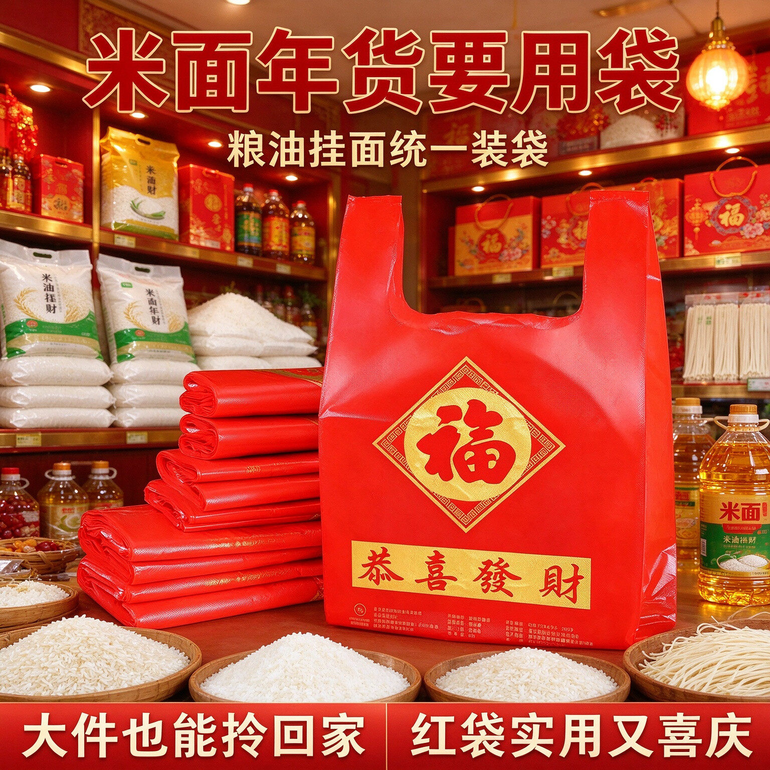 年货水果店福字红背心袋春节礼盒打包塑料袋走访亲友喜庆手提袋