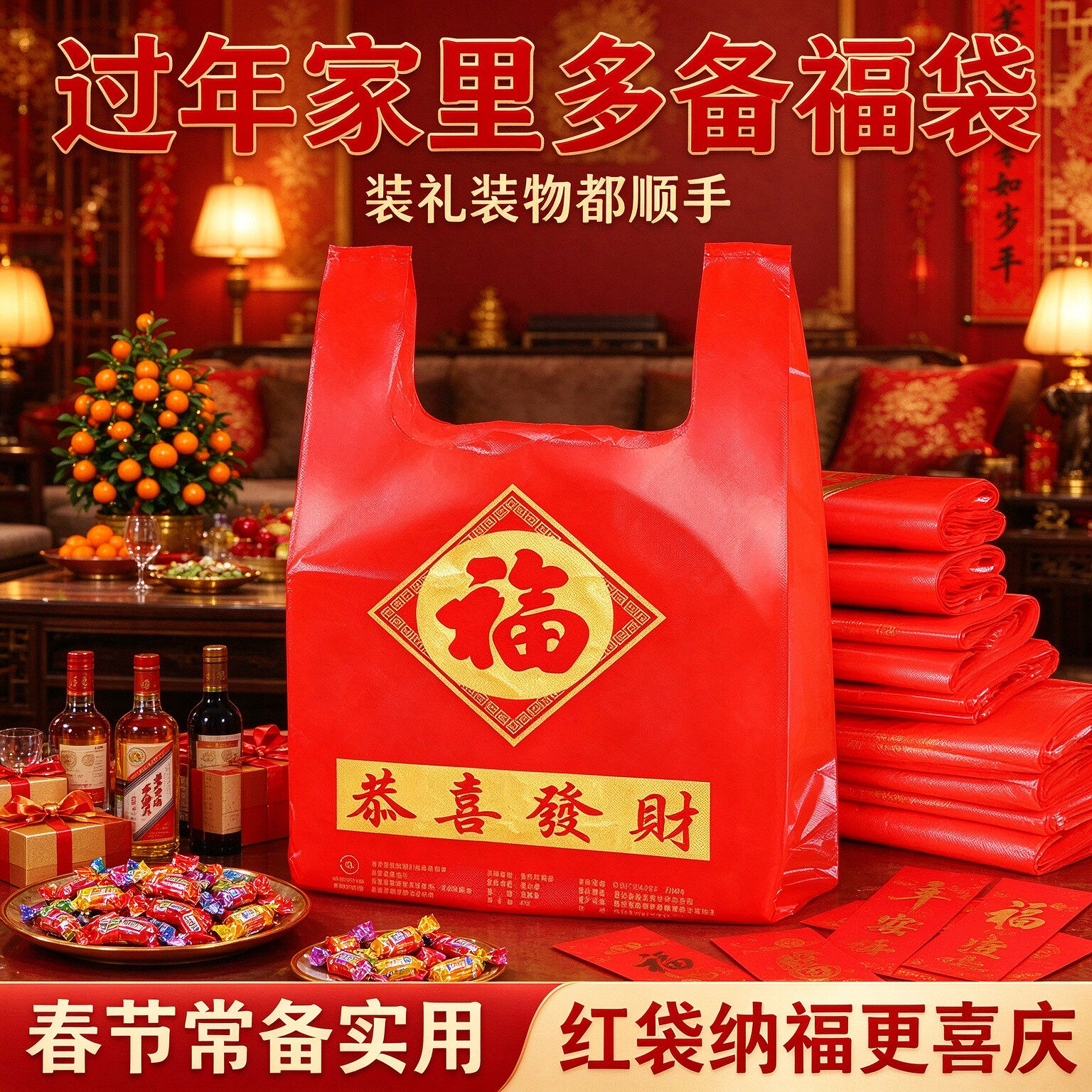 春节水果店金福红色塑料袋年货送礼袋商用加厚福字背心手提袋子