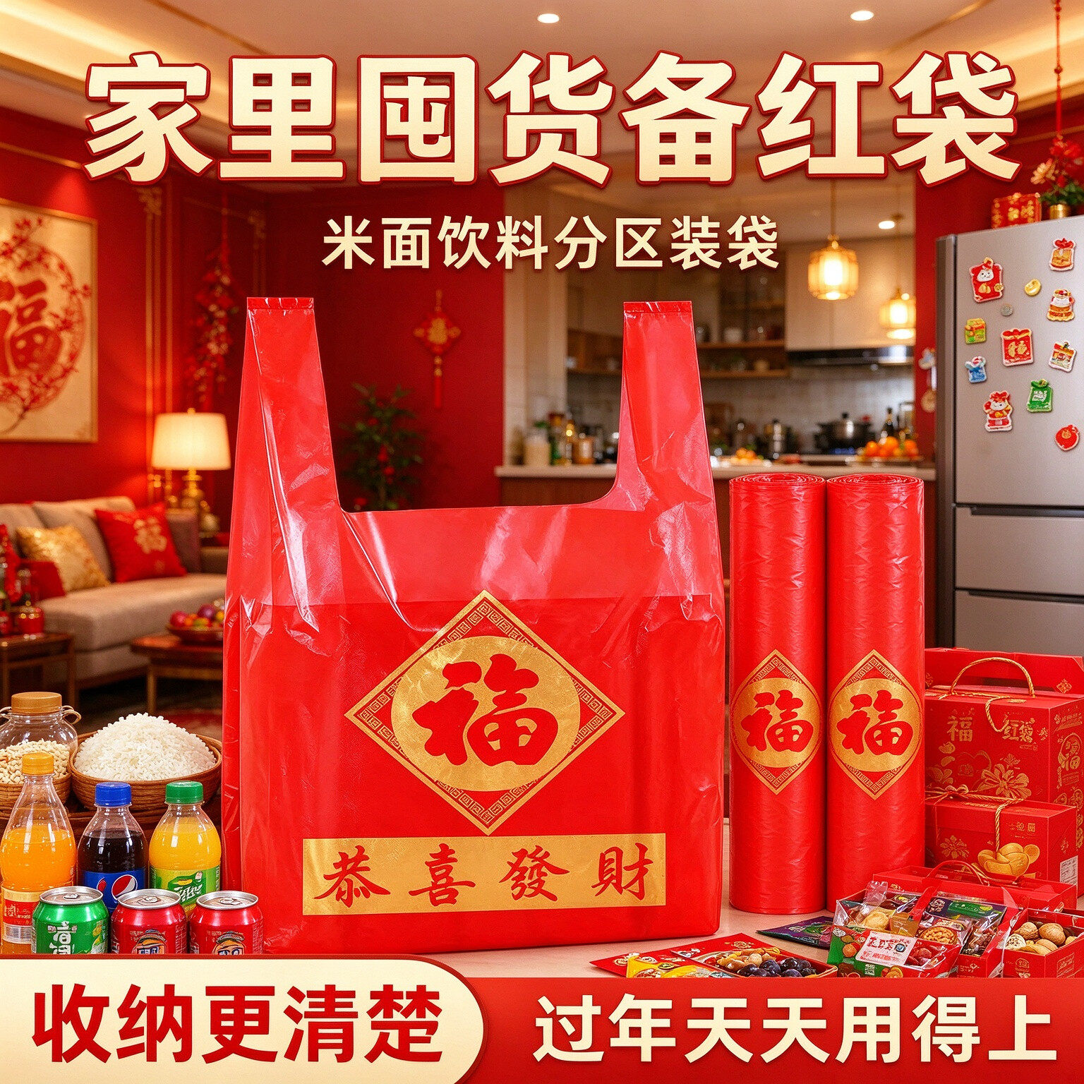 新年烟酒行金福塑料袋春节年货礼品袋加厚红色福字手提背心袋子