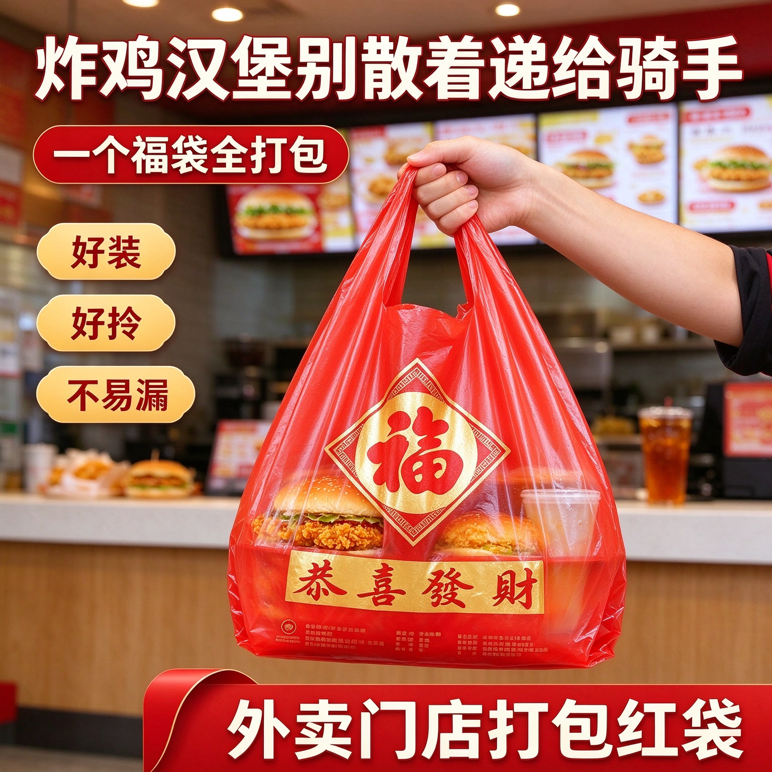 饭店外卖红福背心塑料袋恭喜发财加厚防漏汤水打包商用手提袋子