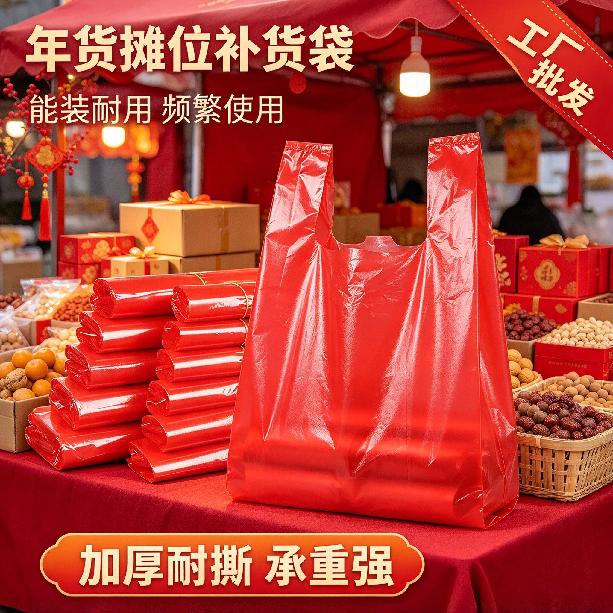 春节备年货红色透明手提塑料袋背心袋食品生鲜特产加厚购物方便袋