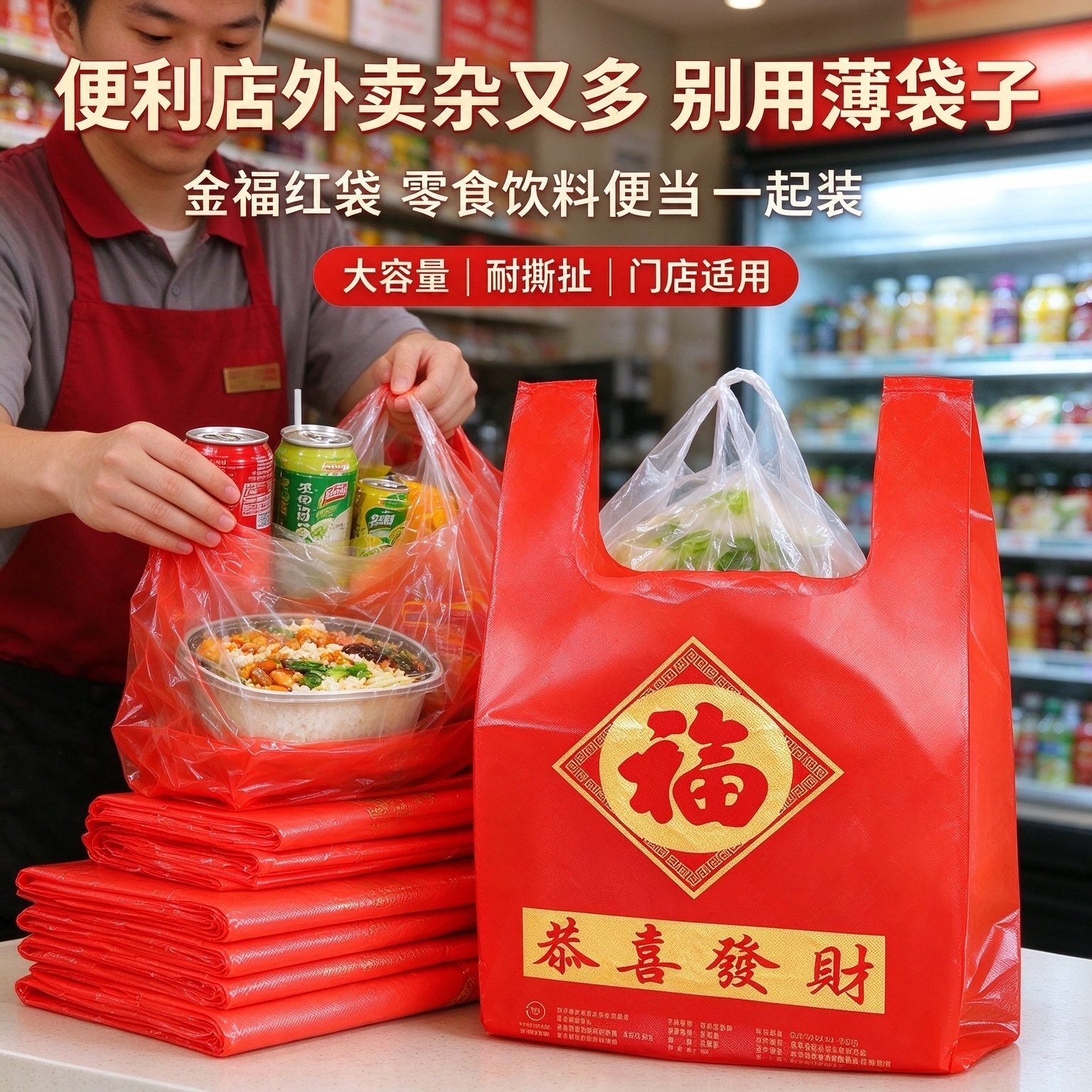 中式餐馆红福字外卖打包塑料袋恭喜发财背心袋厚承重手提袋商家