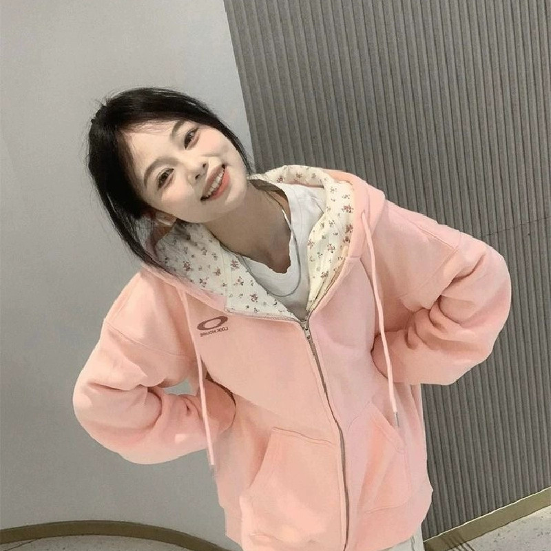 粉色甜美碎花拼接连帽卫衣女2025秋新款小众百搭oversize拉链外套