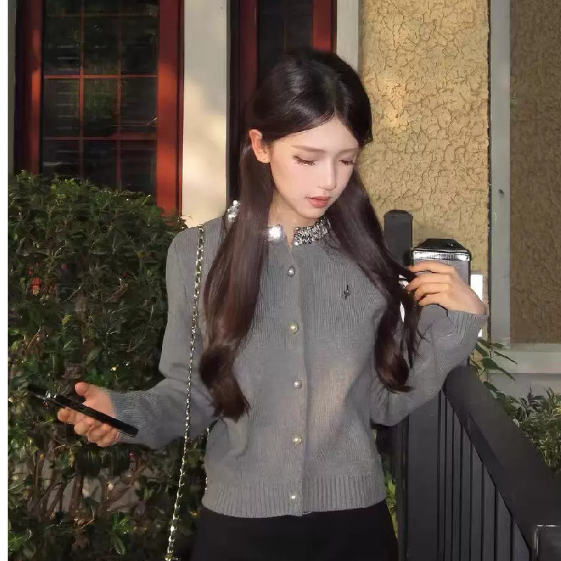 小众.绵羊绒#灰色针织开衫女秋季领口亮片毛衣外套设计感软糯上衣