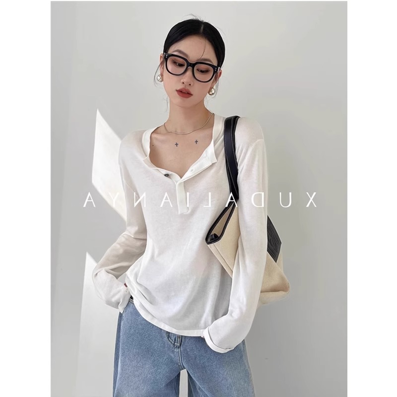 速发法式白色天丝长袖针织季T恤夏衫防晒底款罩衫打薄空调上衣