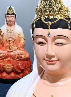 速发观音佛像供奉家用坐莲娑婆三圣菩像树脂彩绘摆件大南海观世音