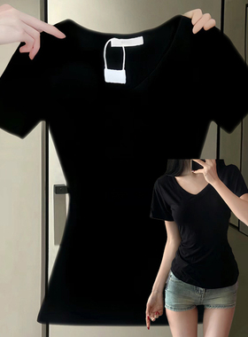 速发黑色身肩t恤V领美式复古收腰打底202掐新款紧正4腰上衣