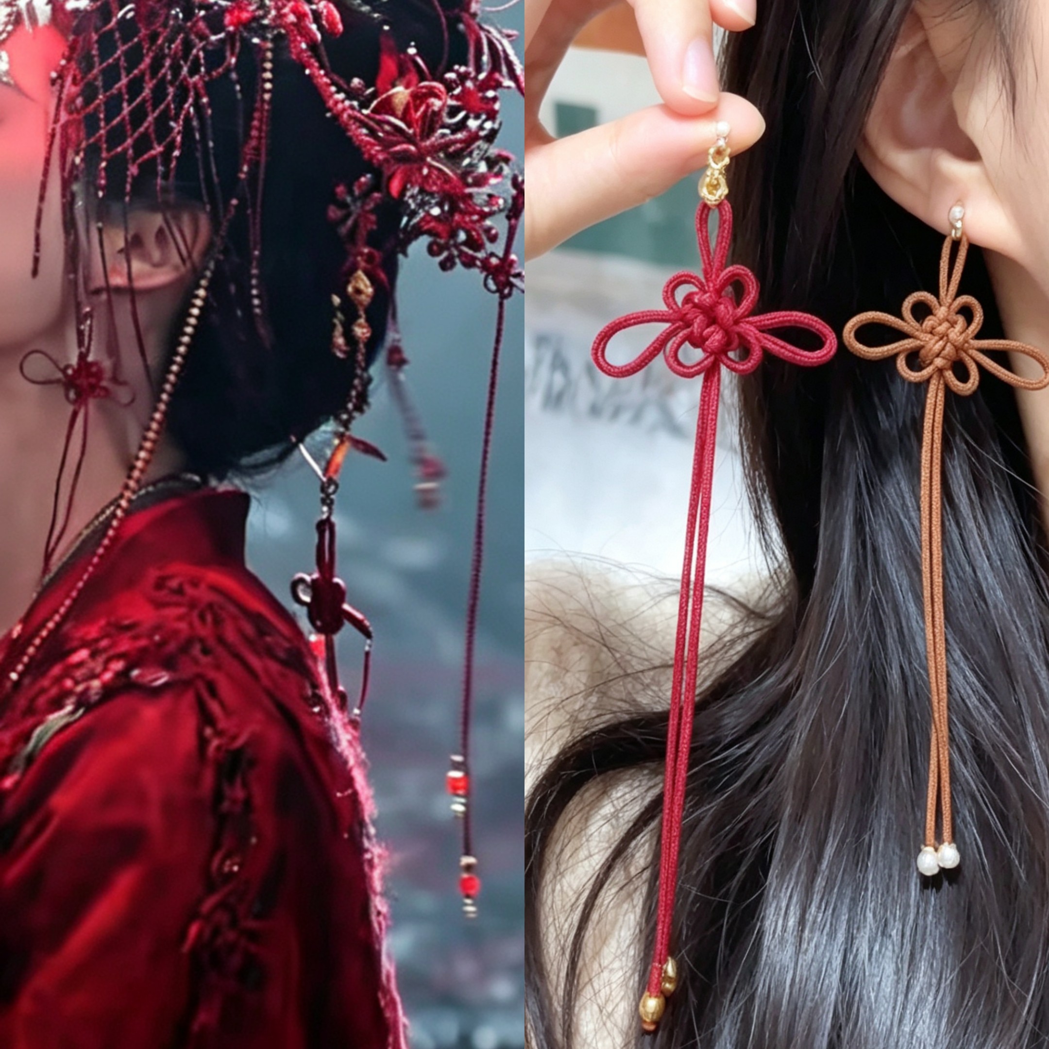 红色中国结流苏耳环女款气质古风新年喜庆长款耳坠个性民族风手工
