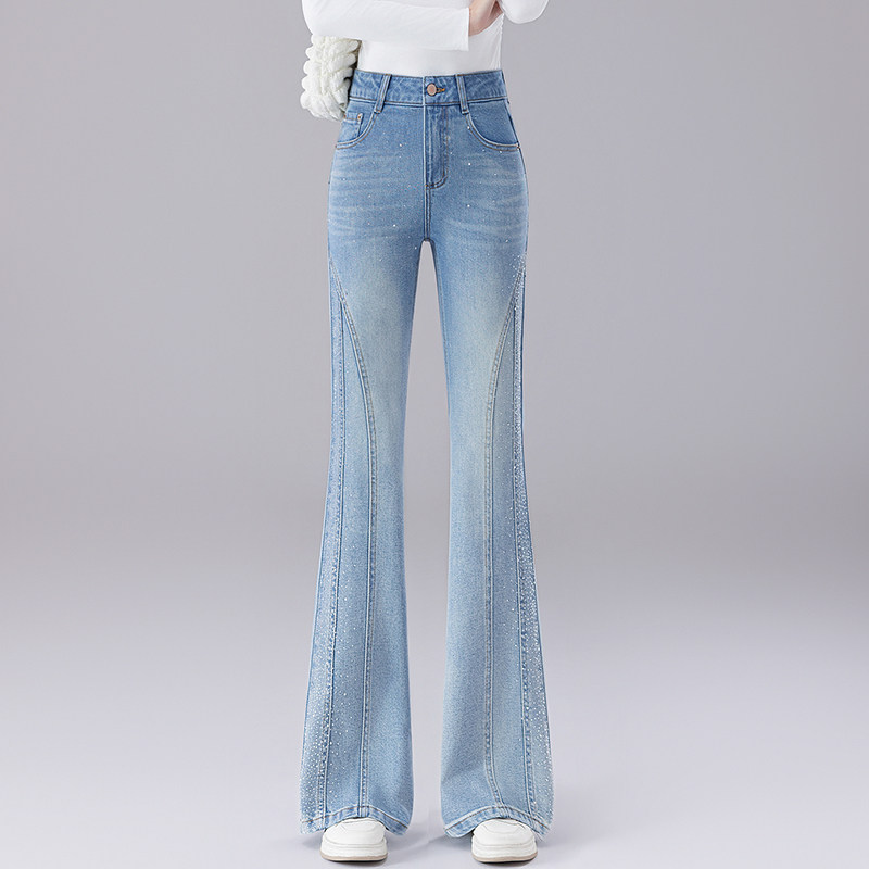 梦舒雅女裤2026年春季新款高腰烫钻浅色牛仔微喇裤修身显瘦喇叭裤