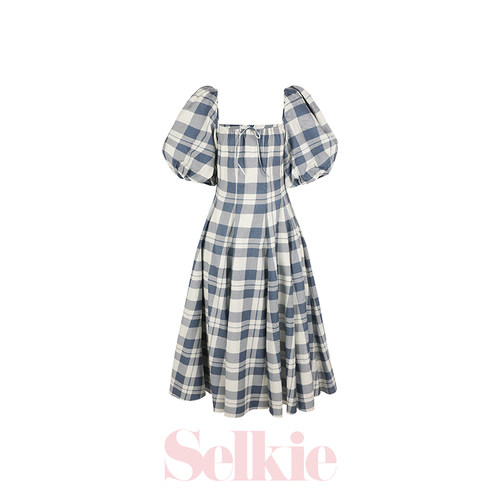 Selkie纯棉藏青底白格茶歇裙