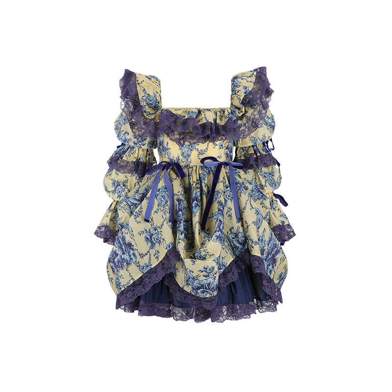 秋上新|黄底海莲娜印花 藕节袖迷你连衣裙Selkie Collection