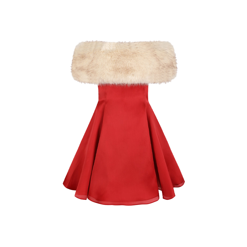 圣诞特辑|冰上芭蕾 浆果红毛领丝绸迷你连衣裙 Selkie collection