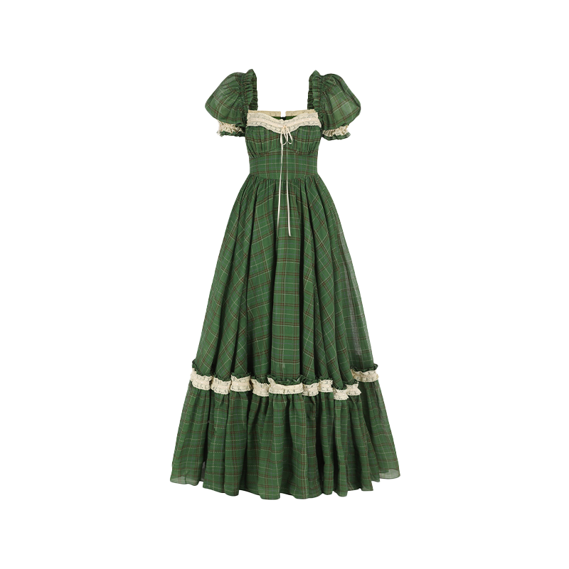 Selkie绿底苔藓格纹爱丽丝礼服裙