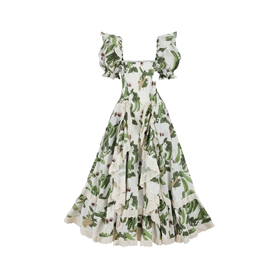 Selkie象牙白底魔豆及踝连衣裙