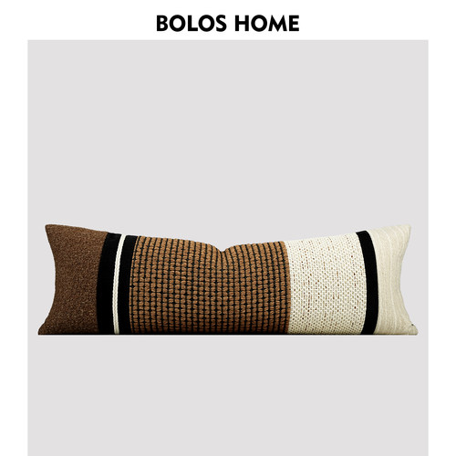 BOLOS HOME『源粟』中古风咖黑白拼接羊毛抱枕客厅卧室织带腰靠枕