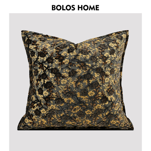 BOLOS HOME『栖金』新中式高端立体梅花割绒抱枕客厅卧室黑金靠垫